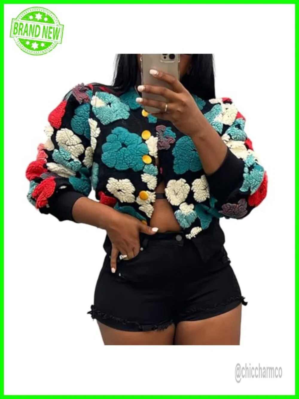 Cropped Floral Fleece Bomber Jacket Puff Sleeve Ribbed Cuff